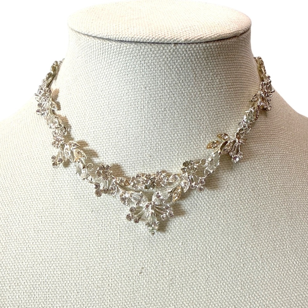 Vintage Floral Rhinestone Choker Necklace Silvertone Crystal Wedding Prom Formal